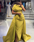 Aura Asymmetrical Draped Gown with Dramatic Side Train