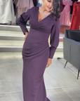 Viola Classic V-Neck Gown with Billowy Sleeves