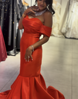 Ruby Mermaid Gown with Off-the-Shoulder Draping