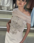 Venus Long-Sleeve Wrapped Gown with Pleated Detail