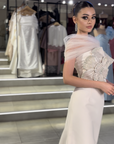 Venus Long-Sleeve Wrapped Gown with Pleated Detail