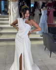 Berry One-Shoulder Draped Gown with Side Train