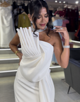 Berry One-Shoulder Draped Gown with Side Train
