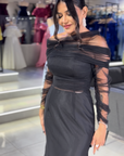 Rose High-Neck Gown with Ruched Waistline