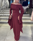 Ruby Burgundy High-Neck Gown with Side Drape and Sash