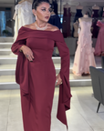 Ruby Burgundy High-Neck Gown with Side Drape and Sash