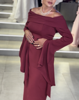 Ruby Burgundy High-Neck Gown with Side Drape and Sash