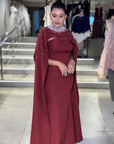 Opal High-Neck Gown with Side Drape and Sash Detail
