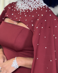 Opal High-Neck Gown with Side Drape and Sash Detail