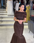 Royal Sapphire High-Neck Gown with Pleated Wrap Detail