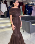 Royal Sapphire High-Neck Gown with Pleated Wrap Detail