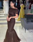 Royal Sapphire High-Neck Gown with Pleated Wrap Detail