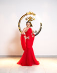 Scarlet Red High-Neck Gown with Royal Wrap Pleats