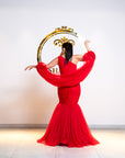 Scarlet Red High-Neck Gown with Royal Wrap Pleats