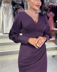 Viola Classic V-Neck Gown with Billowy Sleeves