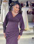 Viola Classic V-Neck Gown with Billowy Sleeves