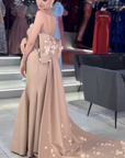 Azure Royal Gown with Draped Sleeves and Cape