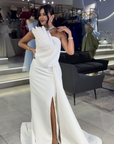 Berry One-Shoulder Draped Gown with Side Train