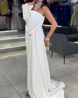 Berry One-Shoulder Draped Gown with Side Train