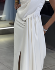 Berry One-Shoulder Draped Gown with Side Train