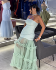 Emerald High-Neck Gown with Front Ruched Draping