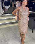 Chocolate High-Neck Gown with Side Drape Detail