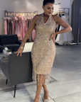Chocolate High-Neck Gown with Side Drape Detail