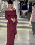 Ruby Burgundy High-Neck Gown with Side Drape and Sash