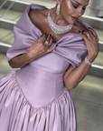 Sapphire High-Neck Gown with Side Drape and Sash Detail
