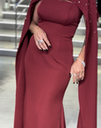 Opal High-Neck Gown with Side Drape and Sash Detail